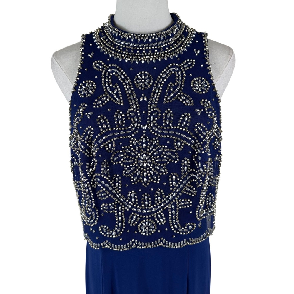 Vintage Cachet Gown 14 Royal Blue High Neck Beaded Slit Formal Evening Dress